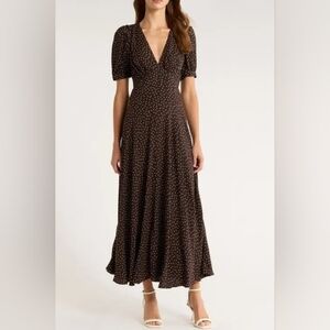 Reformation Naira Puff Sleeve Polka Dot Brown Maxi Dress